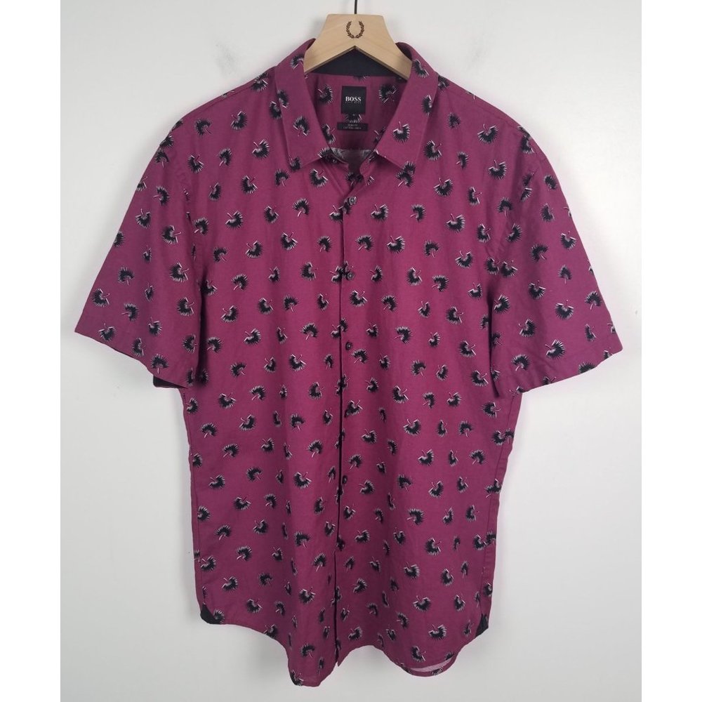 Boss Hugo Boss Men's Sz. XL Purple Palm Leaf Slim Fit Cotton Linen Shirt